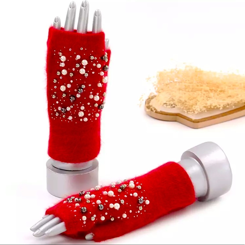 Fingerless Gloves WARM FAUX RABBIT JEWELED RHINESTONE HOLIDAY GIFT RED IVORY